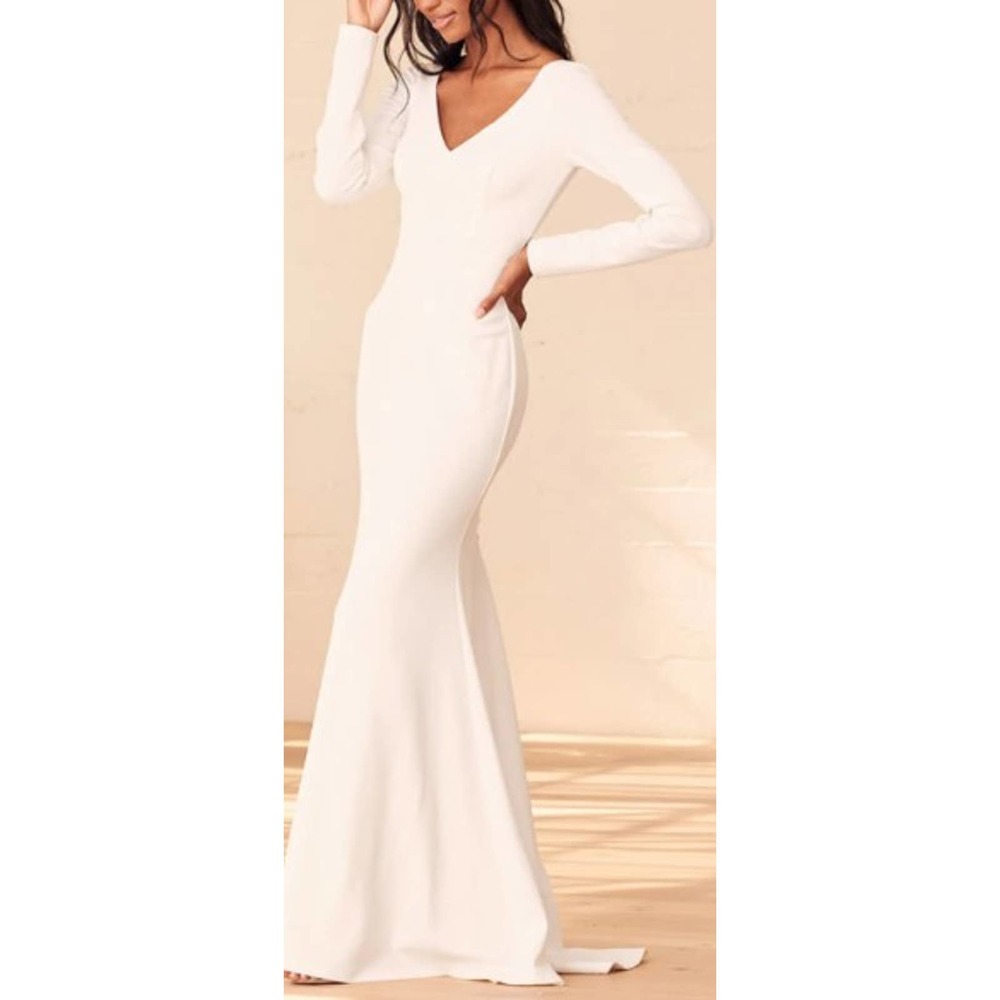 LULU'S Sz L Feeling of Forever White Long Sleeve Mermaid Bridal Maxi Dress B147
